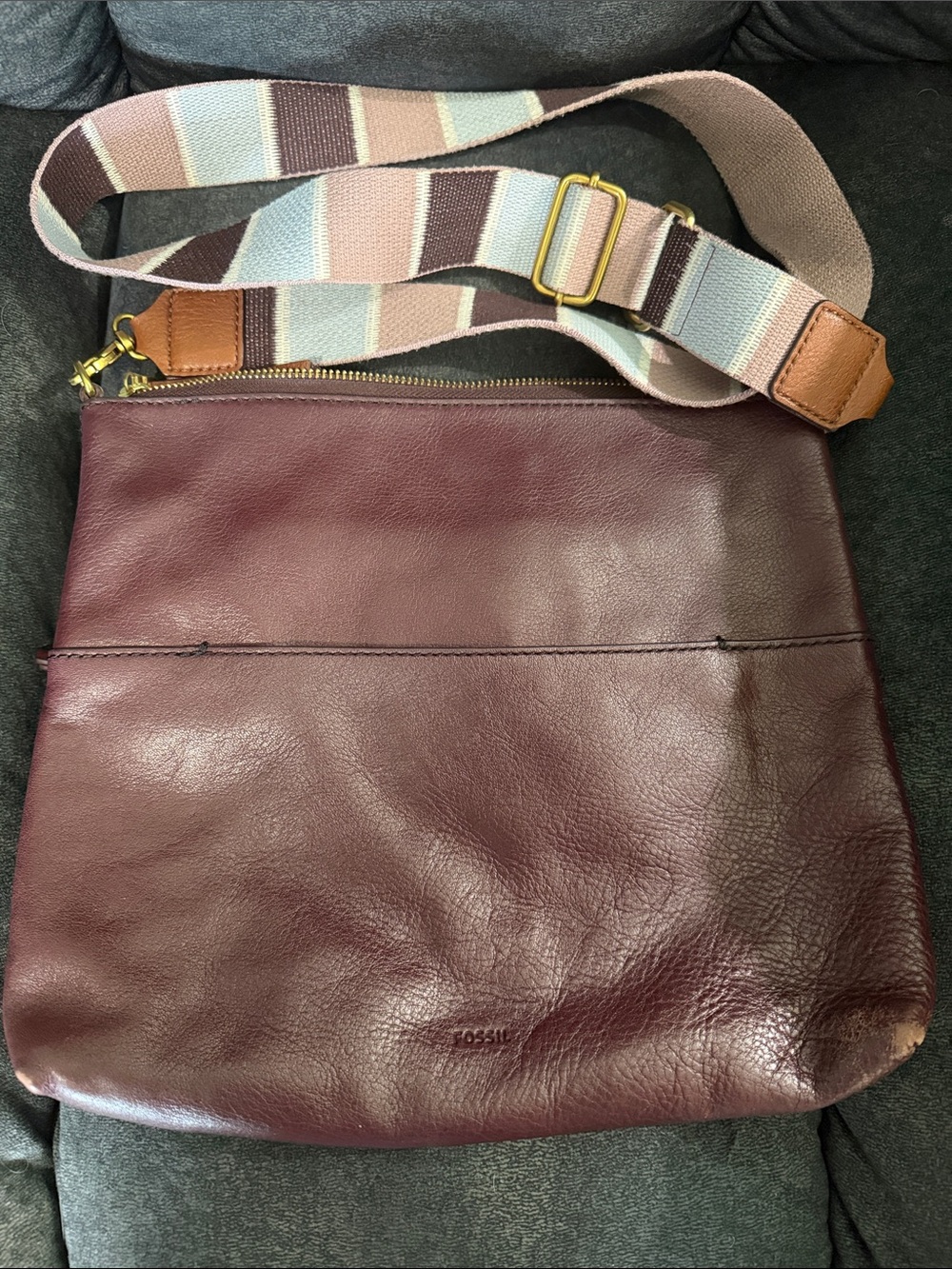 Fossil Burgundy Leather Crossbody Bag with Multicolor Striped Strap